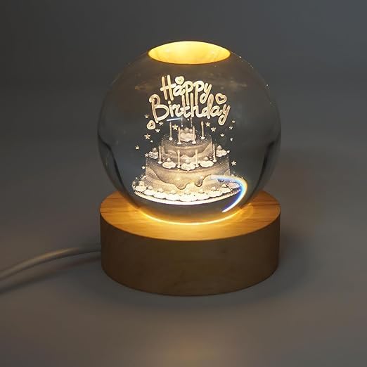 3D Crystal Happy Birthday Lamp Engraved Crystal Ball LED Night Light with Wooden Base - USB Powered Glass Ball Led Night Light Table Lamp for Bedroom, Home & Office Decor