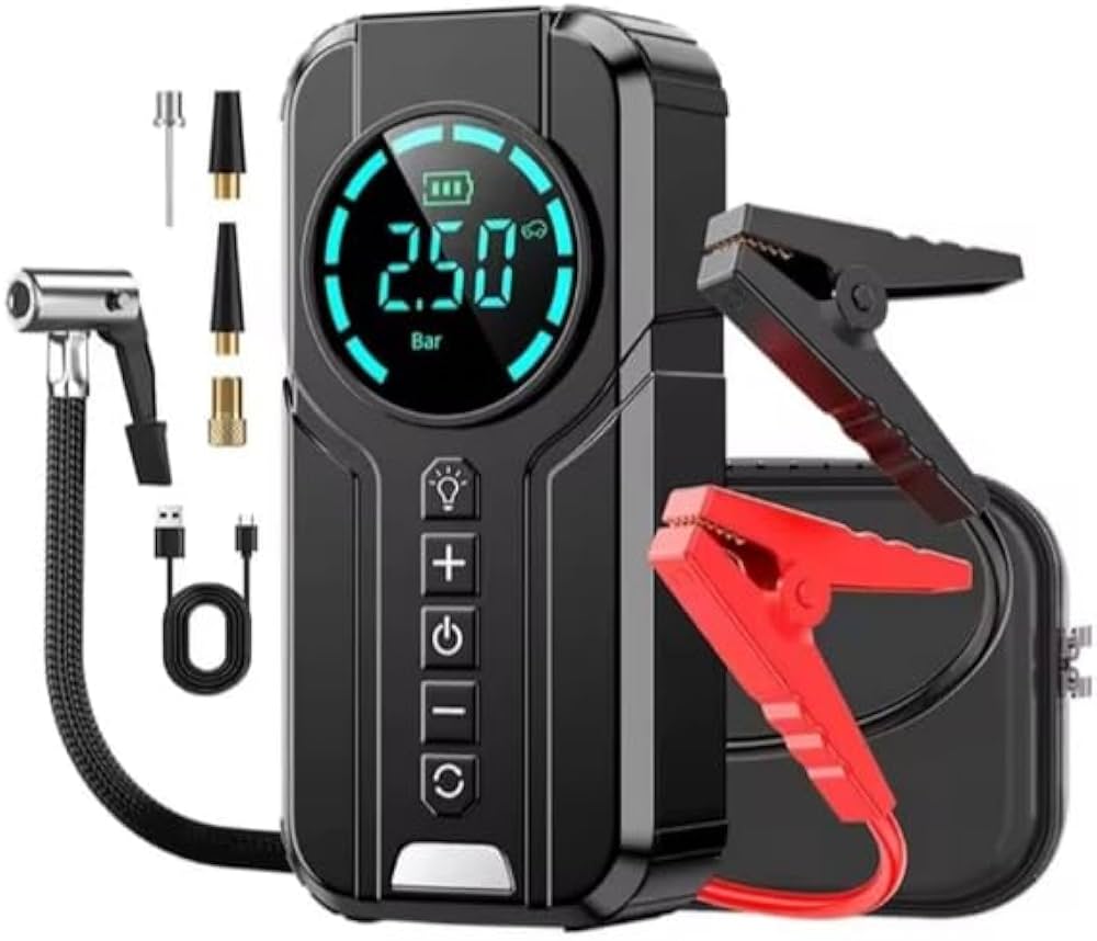 4-in-1 Emergency Car Jump Starter, Tyre Inflator, Power Bank & Flashlight