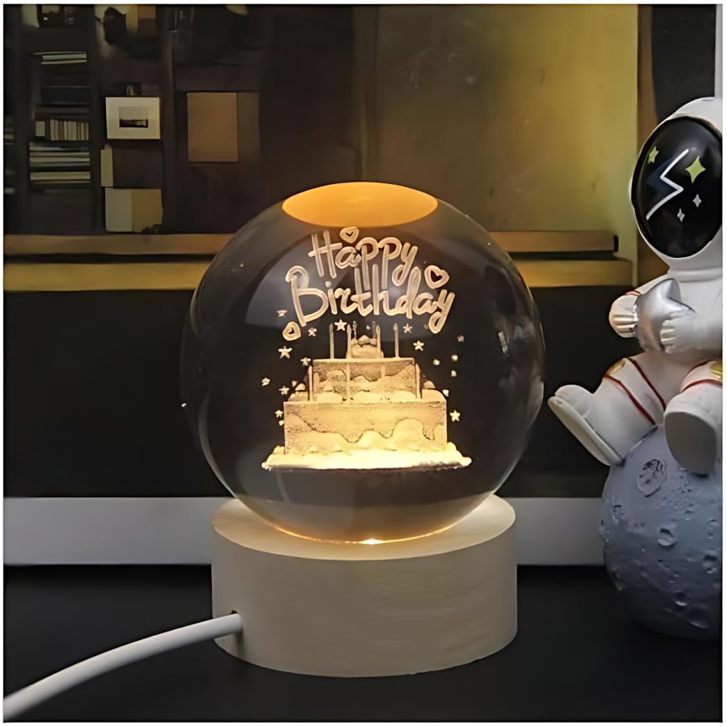 3D Crystal Happy Birthday Lamp Engraved Crystal Ball LED Night Light with Wooden Base - USB Powered Glass Ball Led Night Light Table Lamp for Bedroom, Home & Office Decor