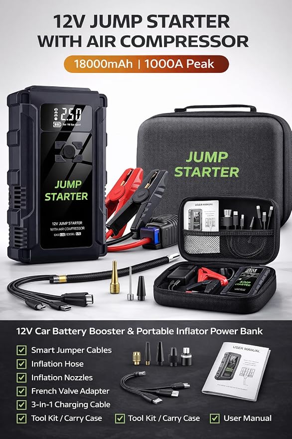 Heavy-Duty Portable 4-in-1 Emergency Car Jump Starter, Tyre Inflator, Power Bank & Flashlight