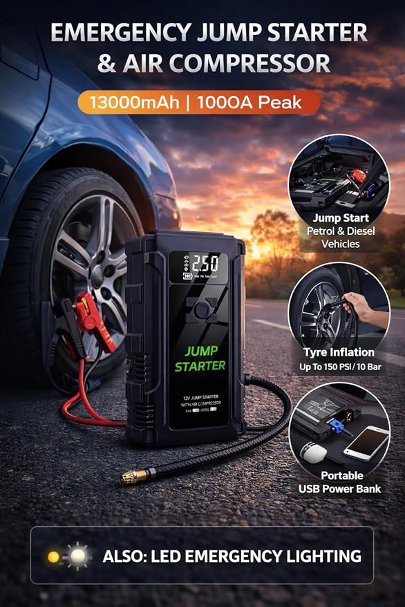 Heavy-Duty Portable 4-in-1 Emergency Car Jump Starter, Tyre Inflator, Power Bank & Flashlight