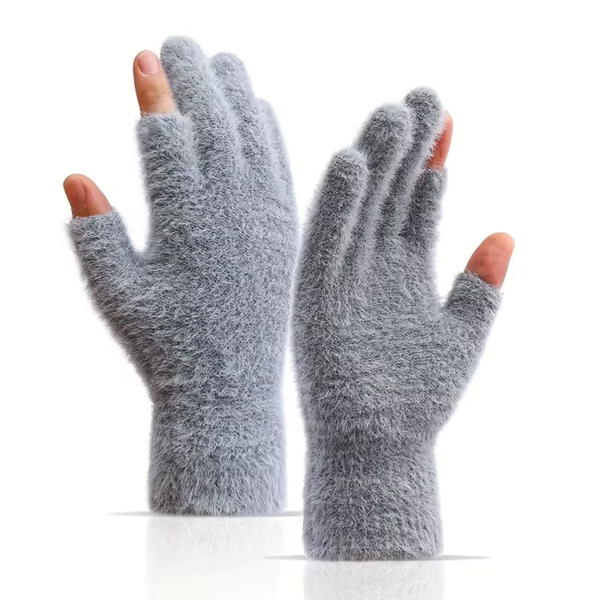 Ladies Fluffy Warm Winter Gloves (21cm x 11cm) - 2 Open Fingers