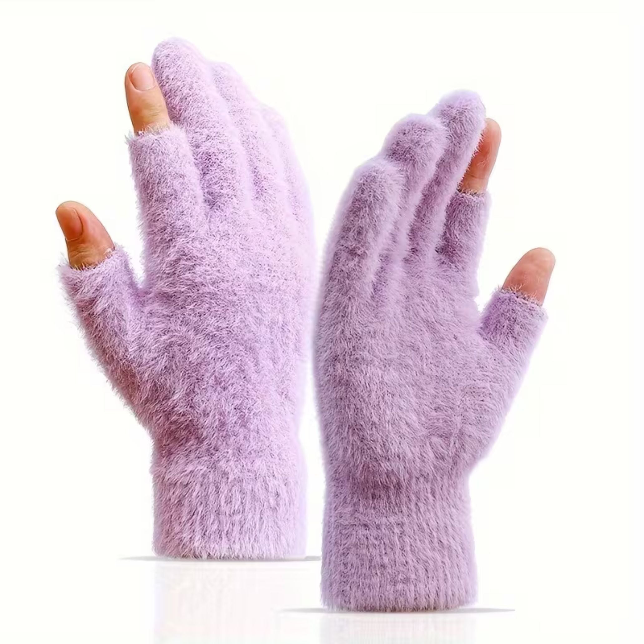 Ladies Fluffy Warm Winter Gloves (21cm x 11cm) - 2 Open Fingers