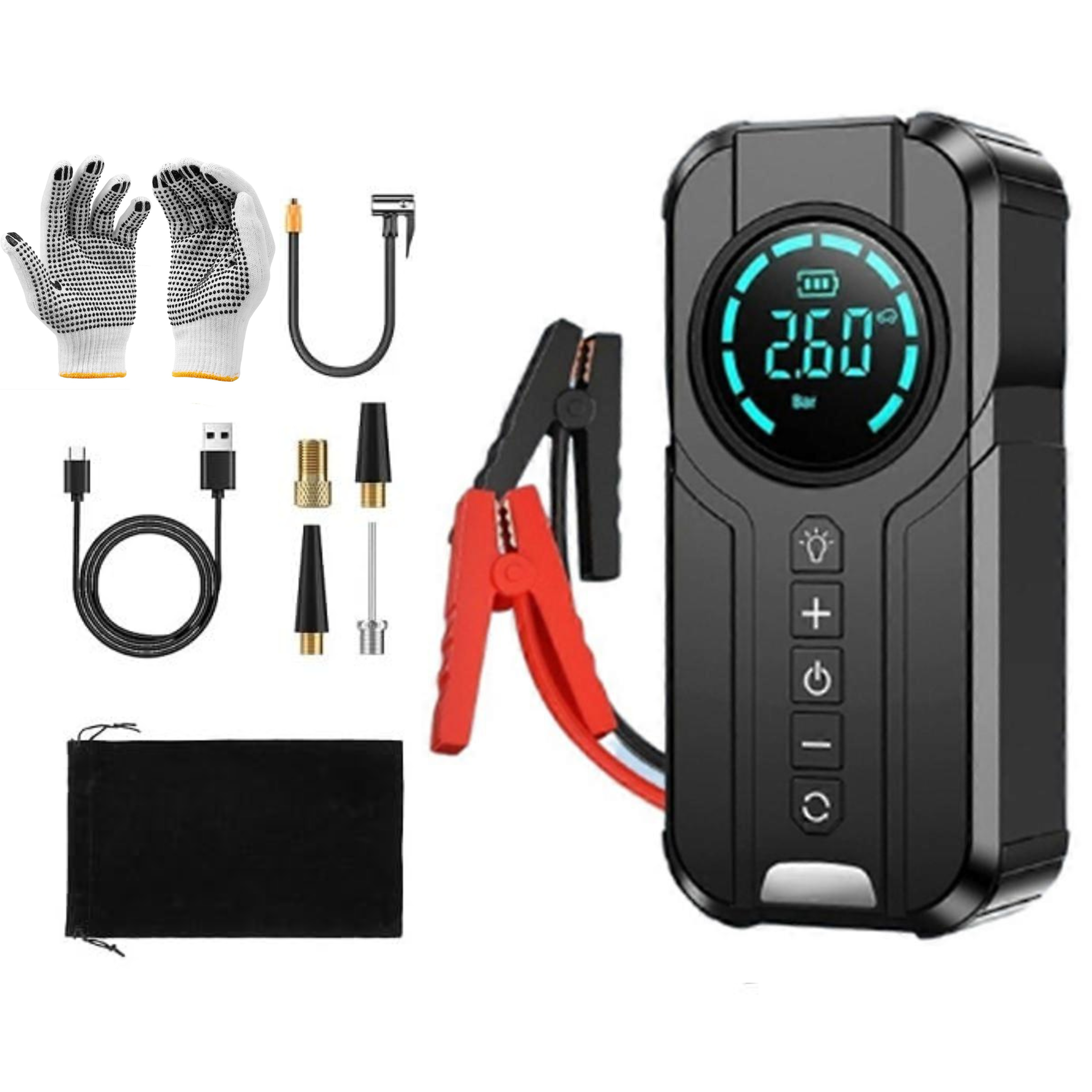 4 in 1 Car Emergency Booster, Tyre Inflator, Power Bank, Flashlight & Gloves