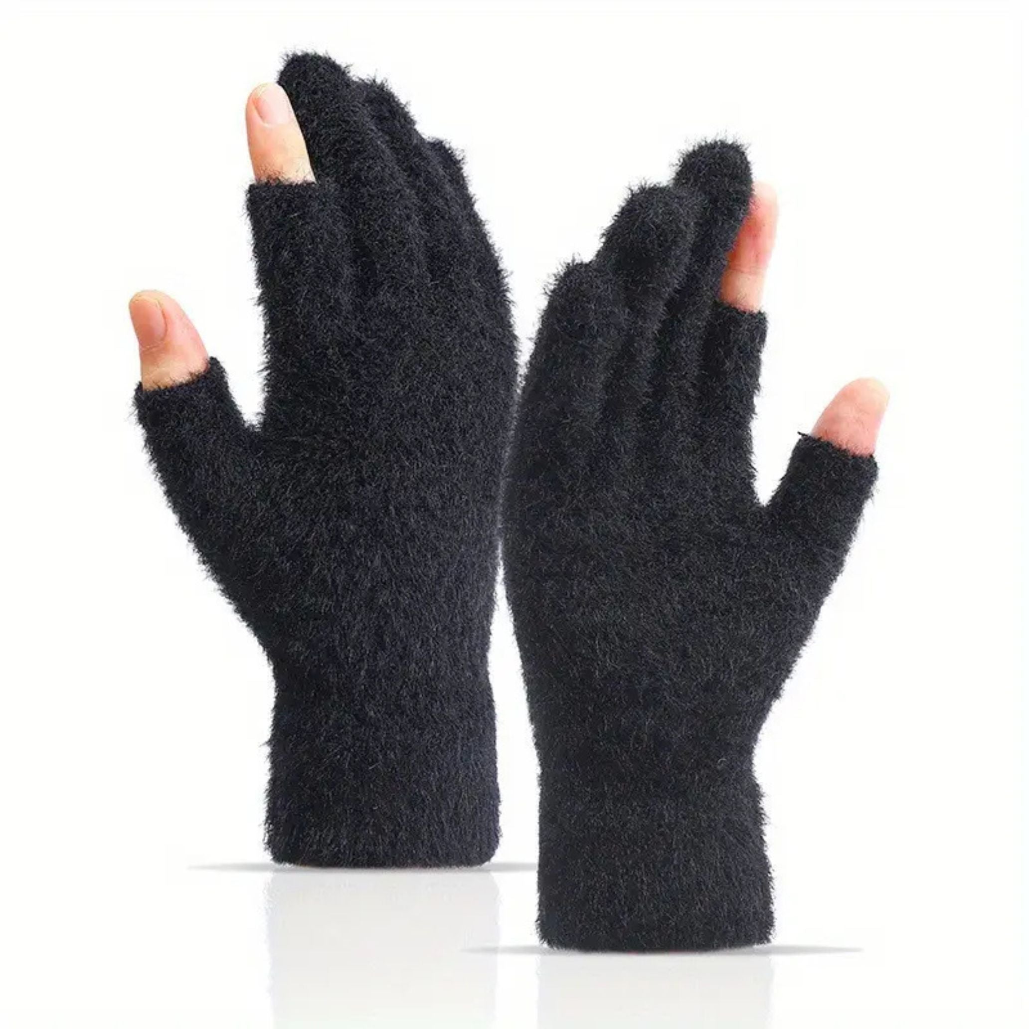 Ladies Fluffy Warm Winter Gloves (21cm x 11cm) - 2 Open Fingers